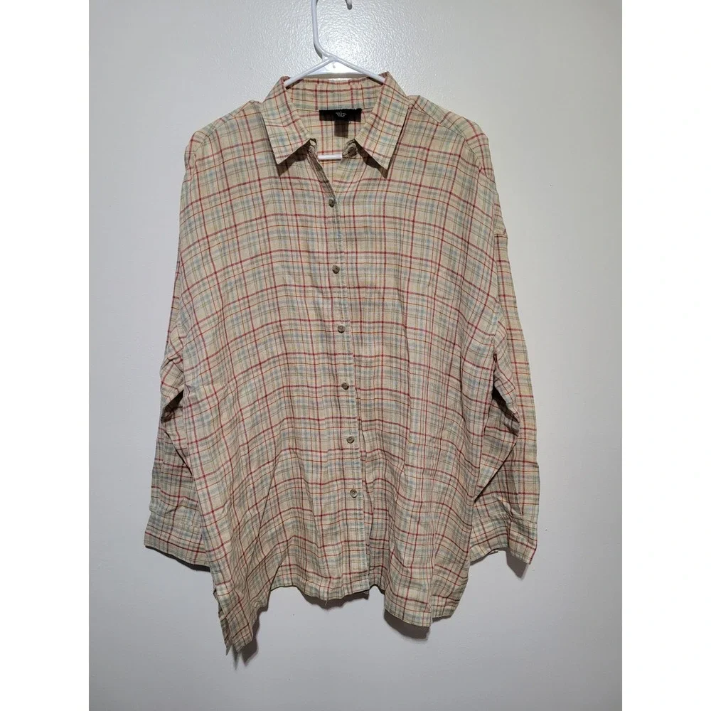 Company Ellen‎ Tracy Linen Shirt Mens Large Beige Plaid Long Sleeve